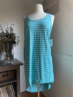 Volcom Striped Sleeveless web back hi low Coverup Dress in Teal and Aqua NWT